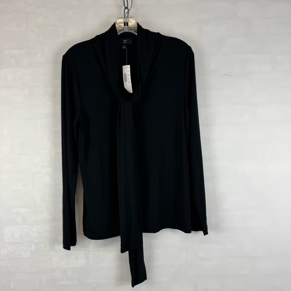 J.Crew 365 Black Modal Stretch‎ Tie Neck Long Sleeve Top Blouse Size S NWT